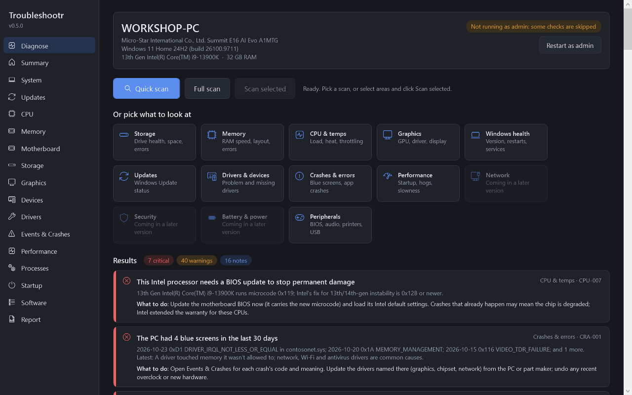 The Diagnose screen in dark mode