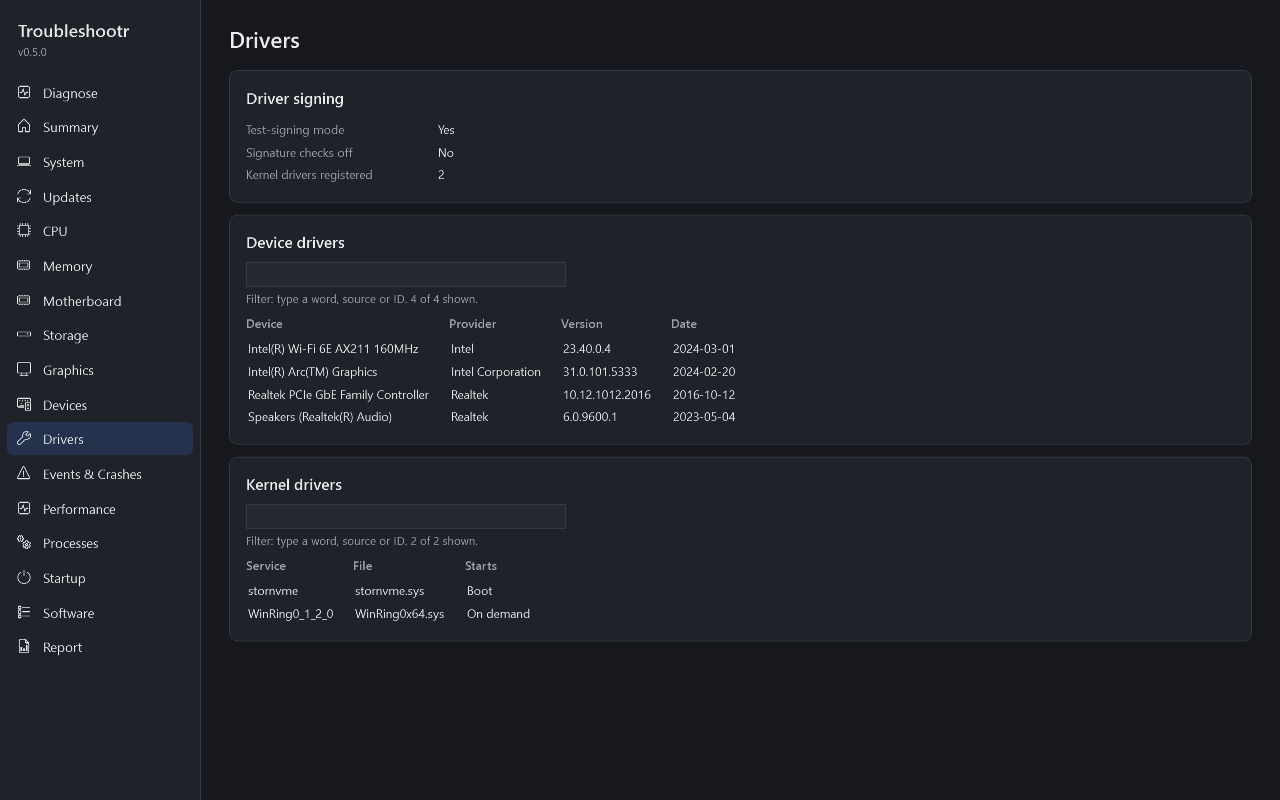 Drivers tab in dark mode