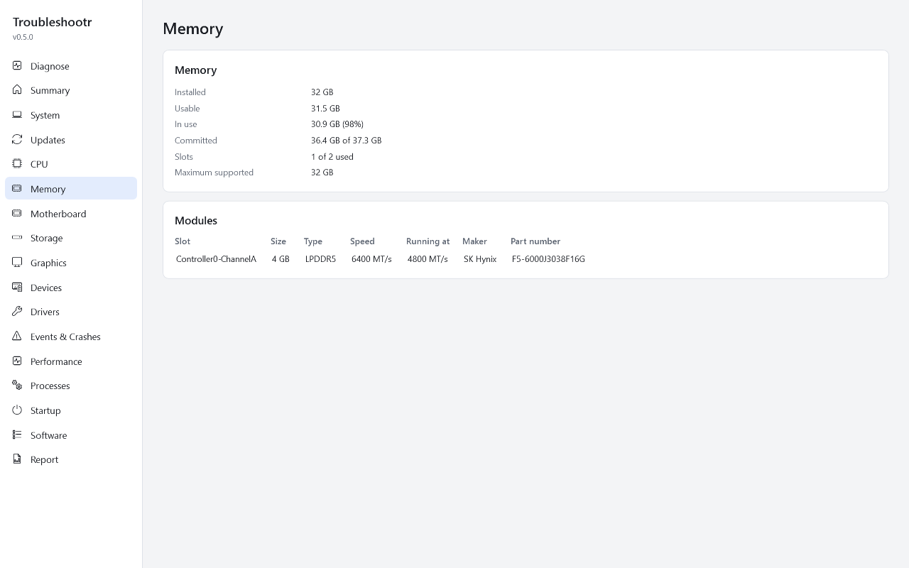 Memory tab with each module