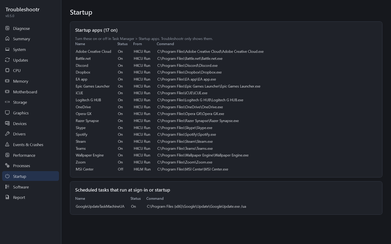Startup tab in dark mode