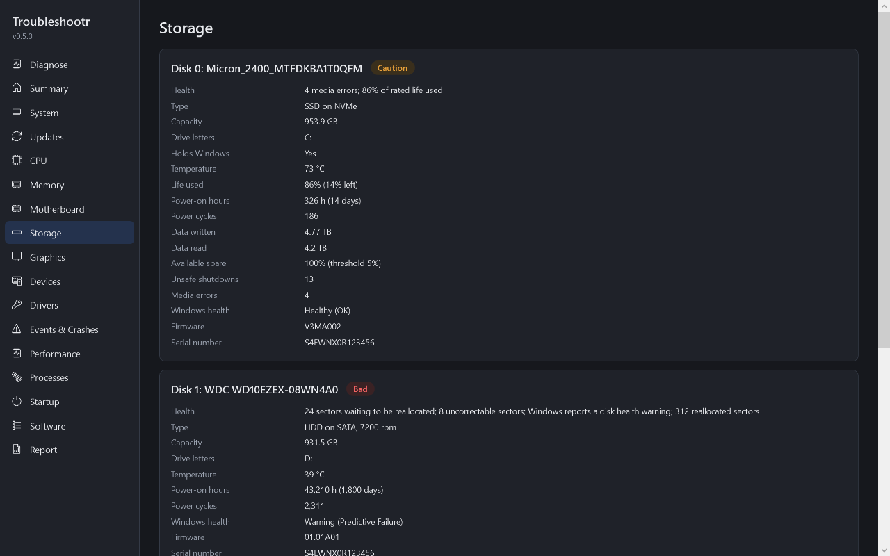 Storage tab in dark mode