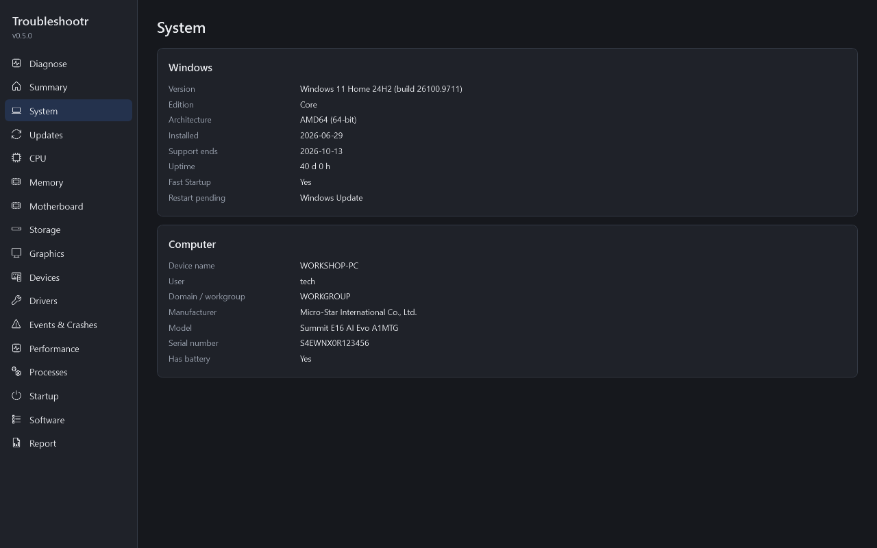 System tab in dark mode