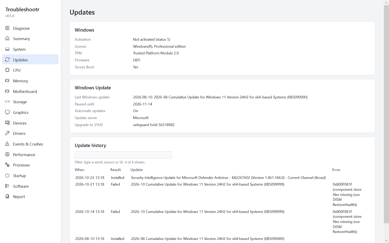Updates tab with failed updates and their error codes
