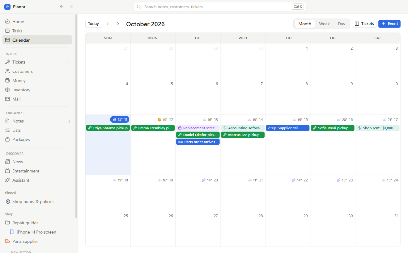 The calendar with events and bills