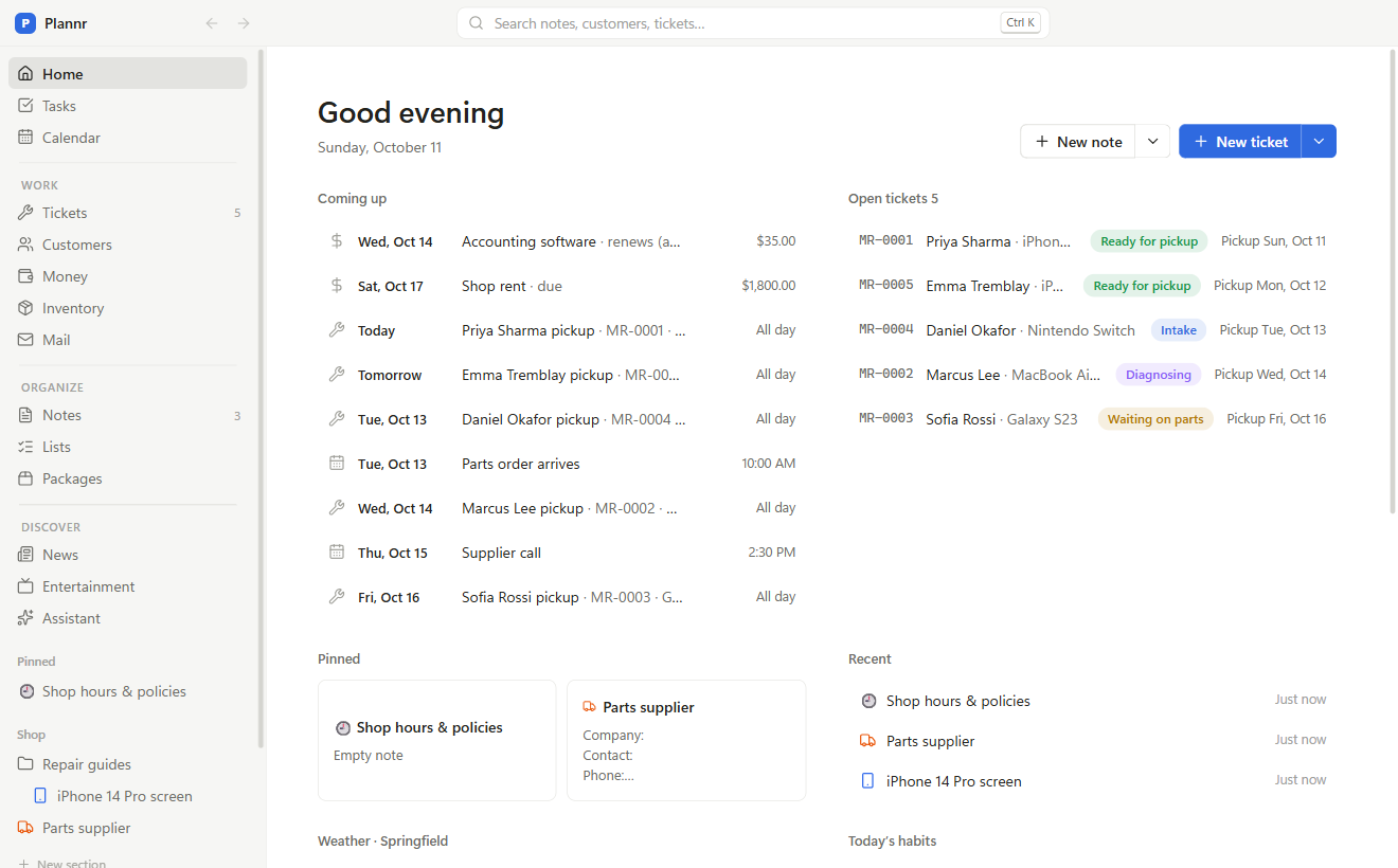 Plannr's Home screen as tiles: what's coming up, open tickets, the weather, habits, lists and packages