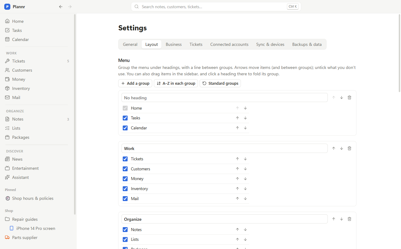 Menu settings